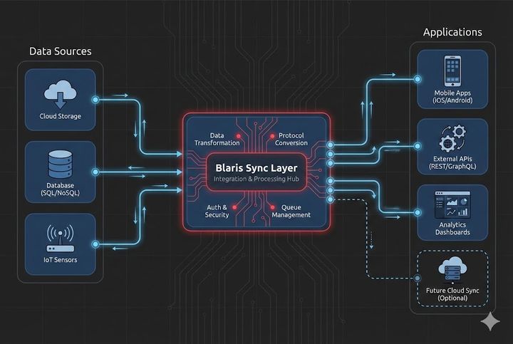 Diagram of Blaris apps exchanging data between devices and servers