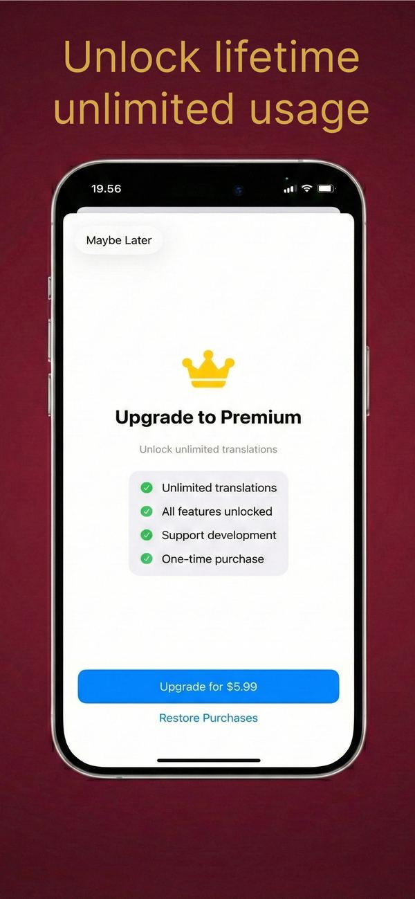 HanCam Premium screen offering unlimited translations as a one-time purchase